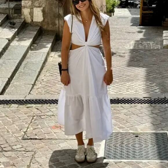 A.L.C. White Plunging Fit Flare Midi Dress SIZE 4 Cut Out Waist Designer $285 - Picture 9 of 12